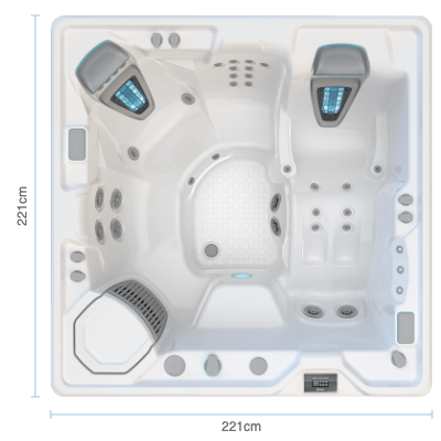 Diagrama de medidas del spa Highlife Aria para 5 personas, 221 x 221 cm