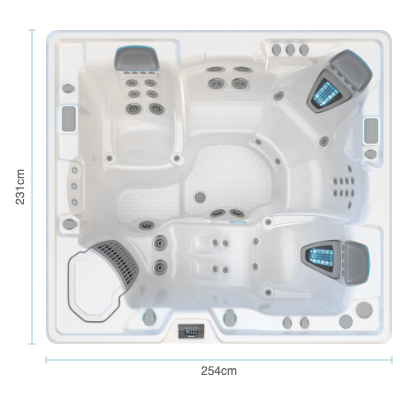 Diagrama de medidas del spa Highlife Envoy para 5 personas, 254 x 231 cm