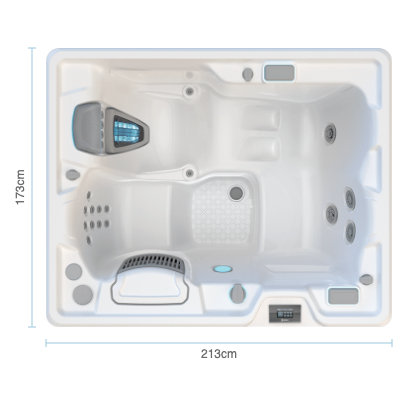Diagrama de medidas del spa Highlife Jetsetter para 3 personas, 213 x 173 cm