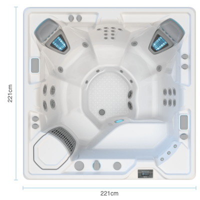 Diagrama de medidas del spa Highlife Vanguard para 6 personas, 221 x 221 cm