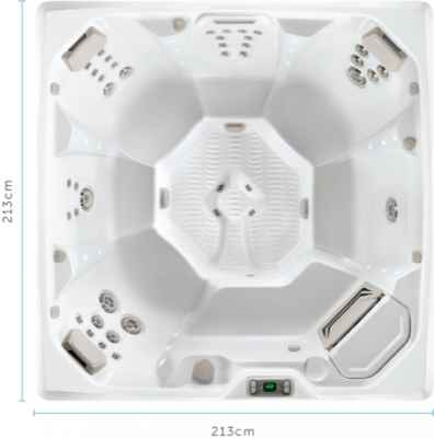 Diagrama de medidas del spa Limelight Flash para 7 personas, 213 x 213 cm